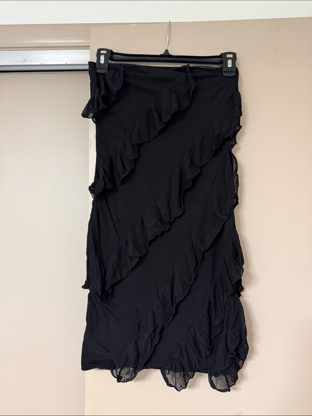 Black Ruffled Midi Skirt - Women's Elegant Evening Skirt